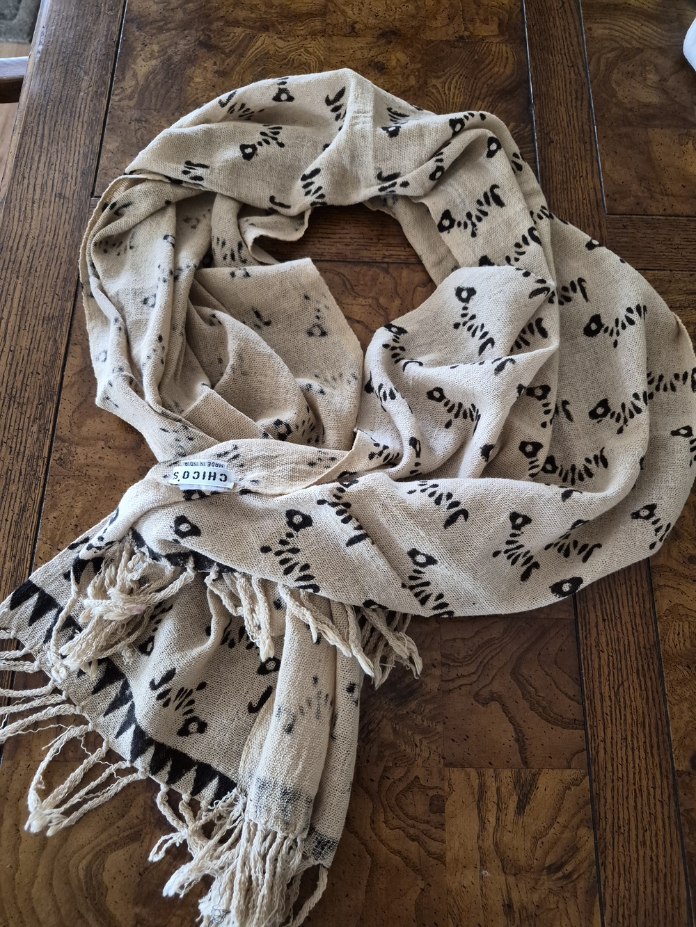 Chico's Beige Scarf with Black Print